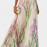 Vestido Largo Plisado con Estampado Floral y Escote Cuadrado