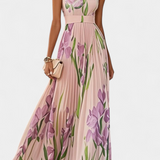 Vestido Largo Plisado con Estampado Floral y Escote Cuadrado