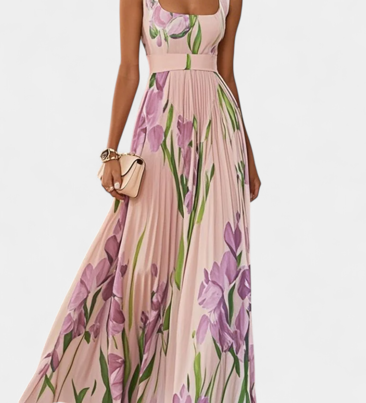 Vestido Largo Plisado con Estampado Floral y Escote Cuadrado