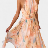 Vestido con Estampado Acuarela y Cuello Halter