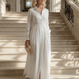 Vestido Maxi Blanco de Manga Larga con Botones y Bolsillos