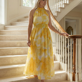 Vestido Midi Halter con Cintura Fruncida