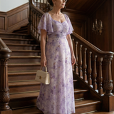 Vestido Largo Floral con Manga Mariposa y Escote Cuadrado