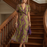 Vestido Midi Floral Cruzado de Manga Corta