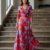 Vestido Midi Floral con Escote Cruzado y Manga Tres Cuartos