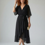 Vestido Midi Drapeado con Cinturón y Manga Codo