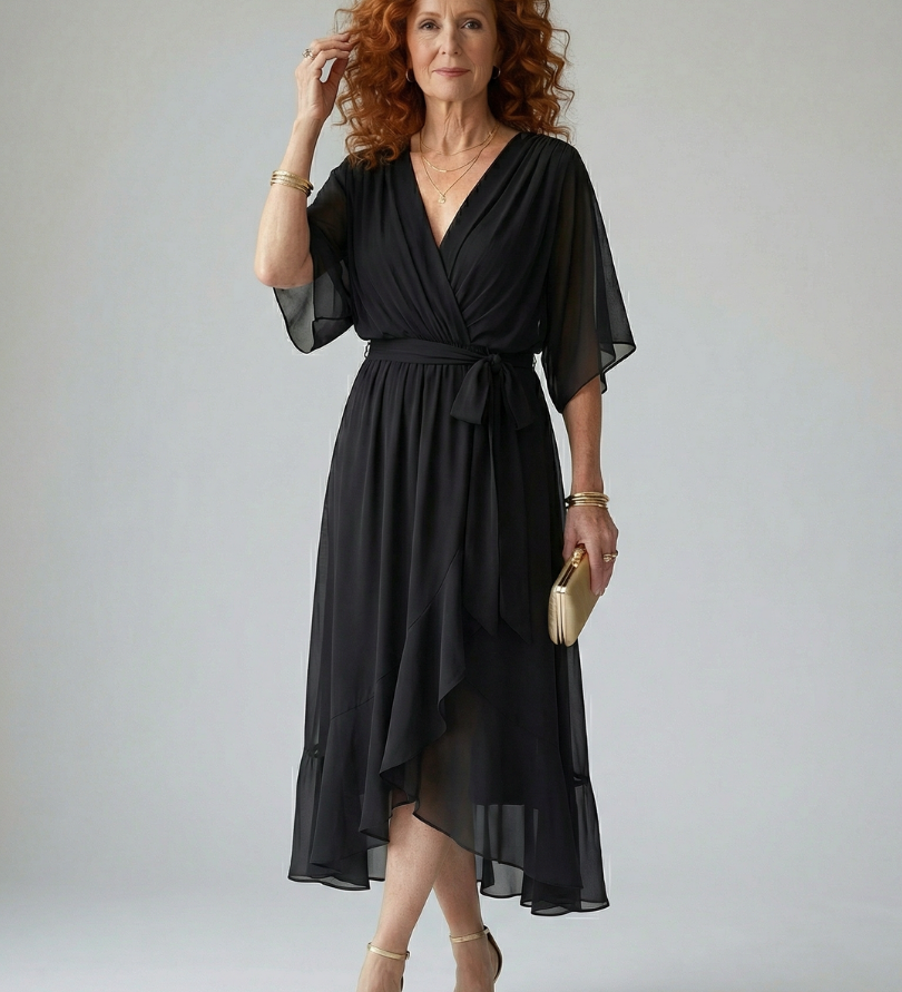 Vestido Midi Drapeado con Cinturón y Manga Codo