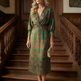 Vestido Midi Cruzado de Manga Larga con Estampado Natural