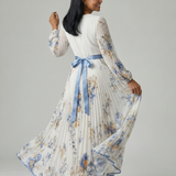 Vestido Midi Cruzado Floral con Falda Plisada y Manga Larga