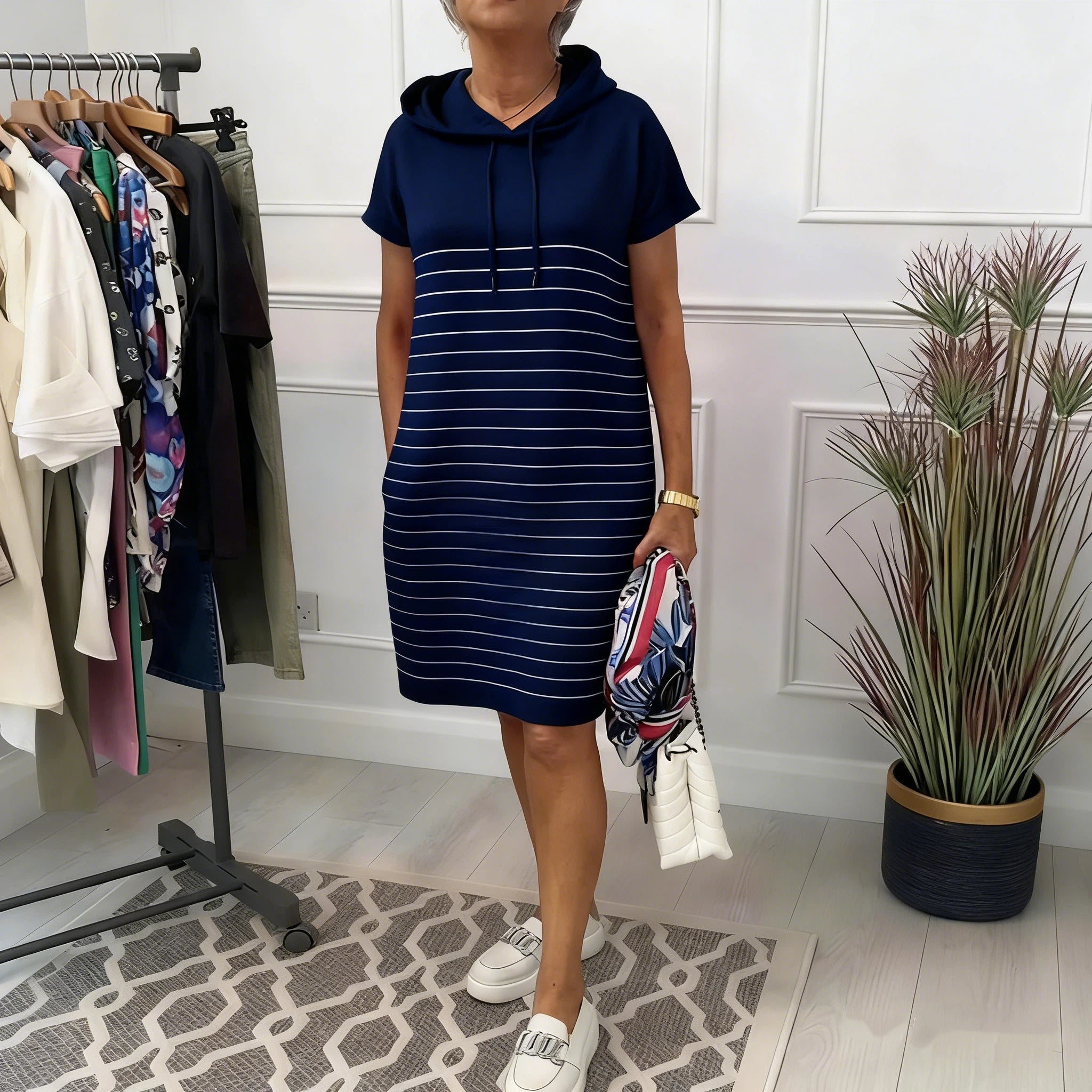Vestido Casual con Capucha y Rayas de Punto