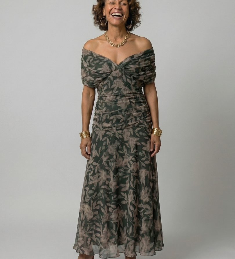 Vestido Midi Off-Shoulder con Escote Drapeado