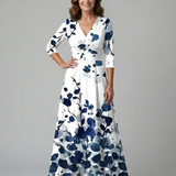 Vestido Midi Floral con Escote Cruzado y Manga Tres Cuartos