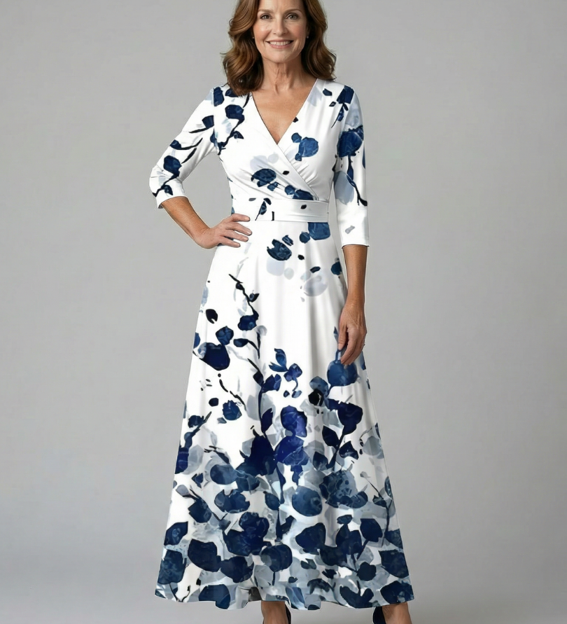 Vestido Midi Floral con Escote Cruzado y Manga Tres Cuartos