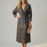 Vestido Midi Cruzado de Manga Larga con Estampado Natural