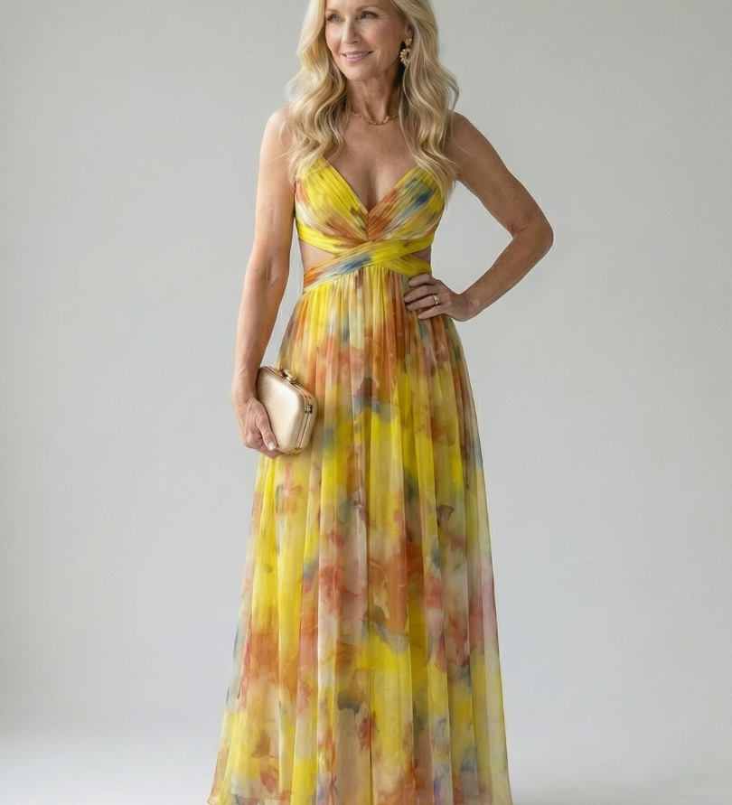 Vestido Maxi Cruzado con Degradado de Color y Tirantes Finos