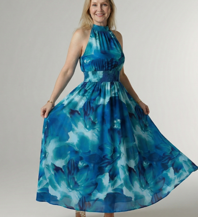 Vestido Midi Halter con Cintura Fruncida