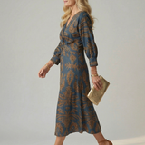 Vestido Midi Cruzado de Manga Larga con Estampado Natural