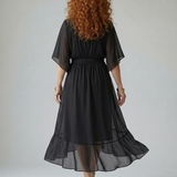 Vestido Midi Drapeado con Cinturón y Manga Codo