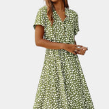 Vestido Midi de Lunares con Cuello Camisero y Cintura Ajustable
