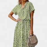 Vestido Midi de Lunares con Cuello Camisero y Cintura Ajustable