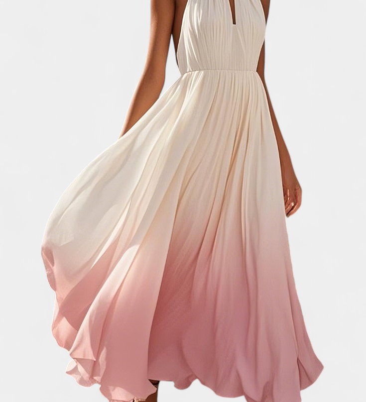 Vestido Maxi Halter Plisado con Detalles de Perlas