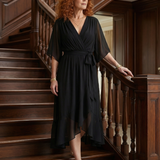Vestido Midi Drapeado con Cinturón y Manga Codo