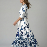 Vestido Midi Floral con Escote Cruzado y Manga Tres Cuartos