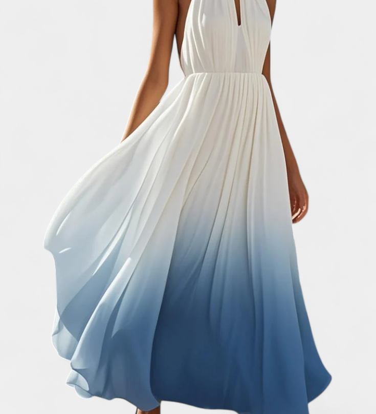Vestido Maxi Halter Plisado con Detalles de Perlas
