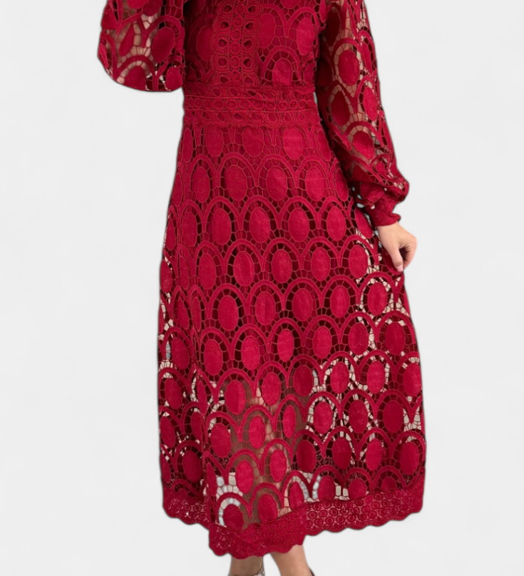 Vestido Midi de Encaje Bordado con Cuello Alto