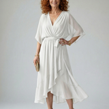 Vestido Midi Drapeado con Cinturón y Manga Codo