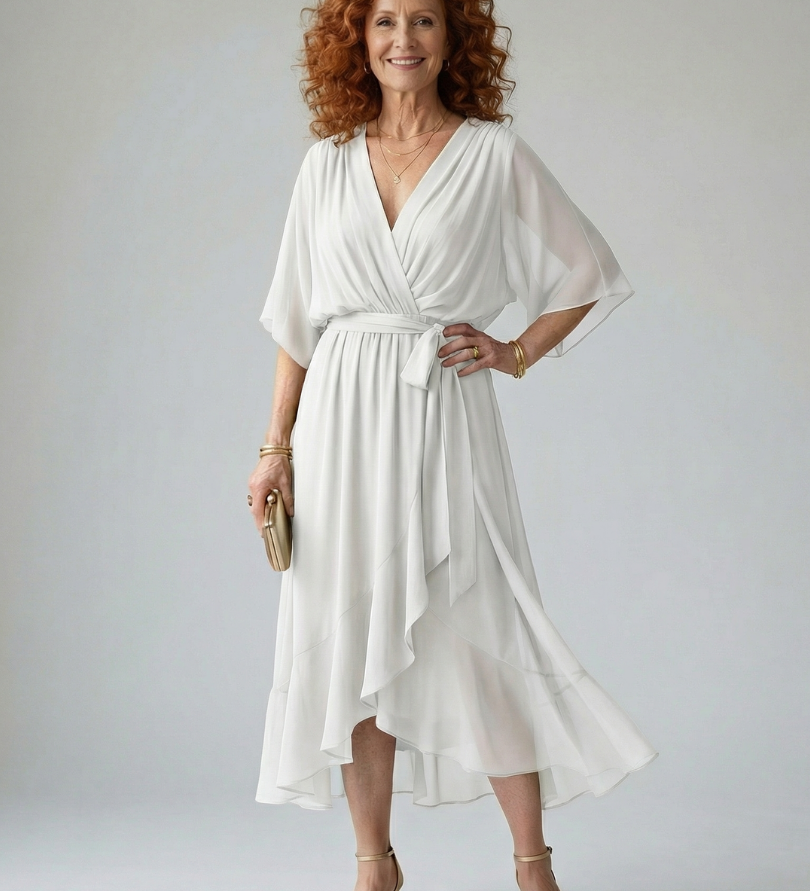 Vestido Midi Drapeado con Cinturón y Manga Codo