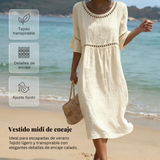 Vestido Midi de Lino con Cuello Redondo y Manga Volante