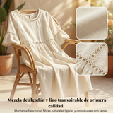 Vestido Midi de Lino con Cuello Redondo y Manga Volante