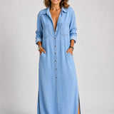 Vestido Maxi Camisero con Botonera y Abertura