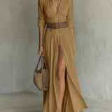 Vestido Maxi Largo de Lino con Mangas Largas