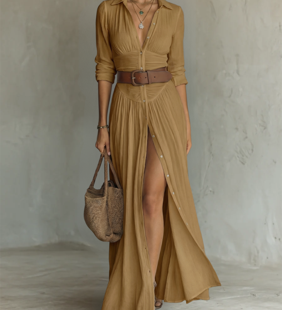 Vestido Maxi Largo de Lino con Mangas Largas