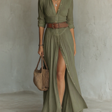 Vestido Maxi Largo de Lino con Mangas Largas