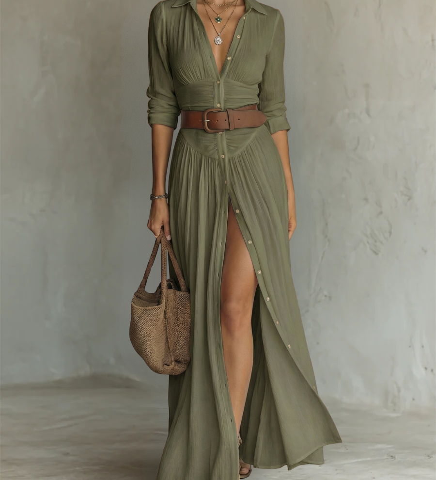 Vestido Maxi Largo de Lino con Mangas Largas