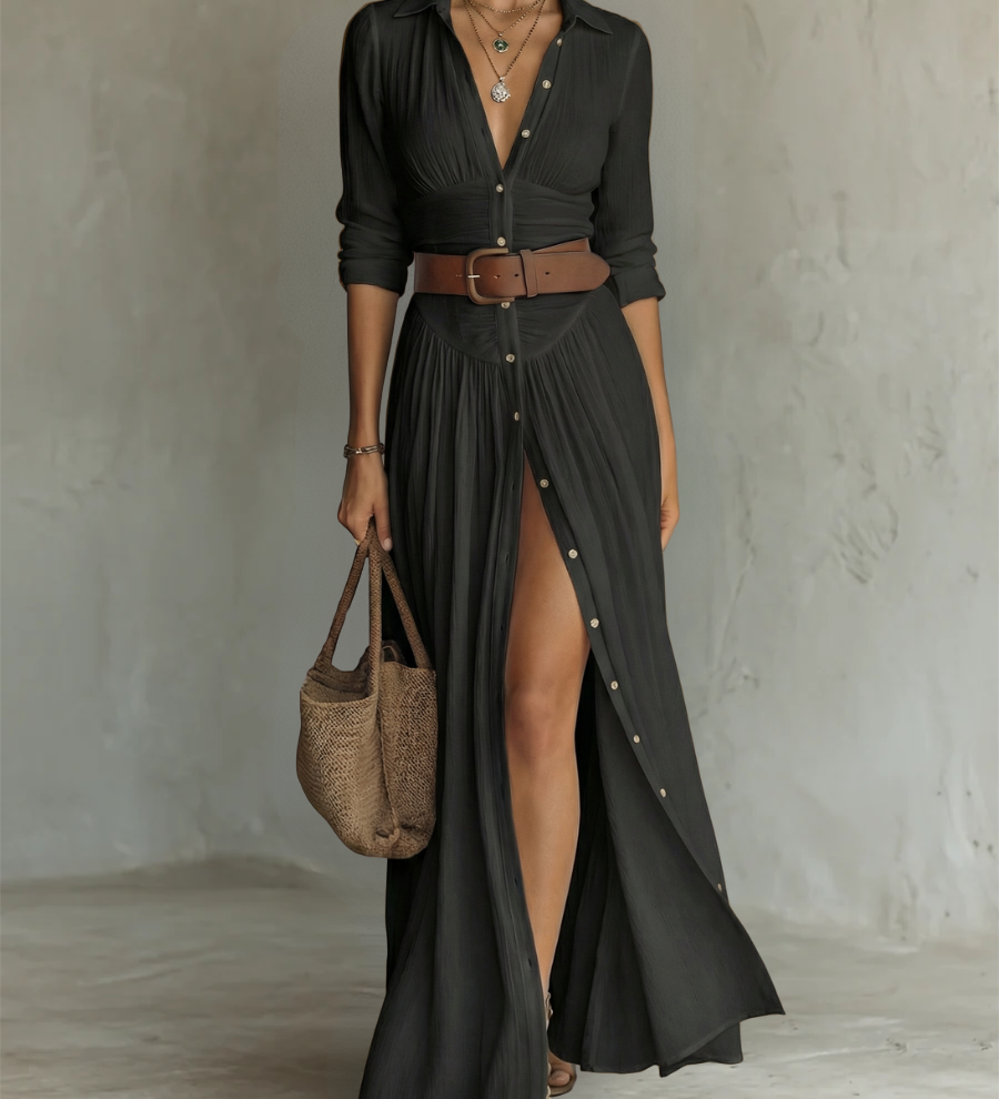 Vestido Maxi Largo de Lino con Mangas Largas