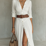 Vestido Maxi Largo de Lino con Mangas Largas
