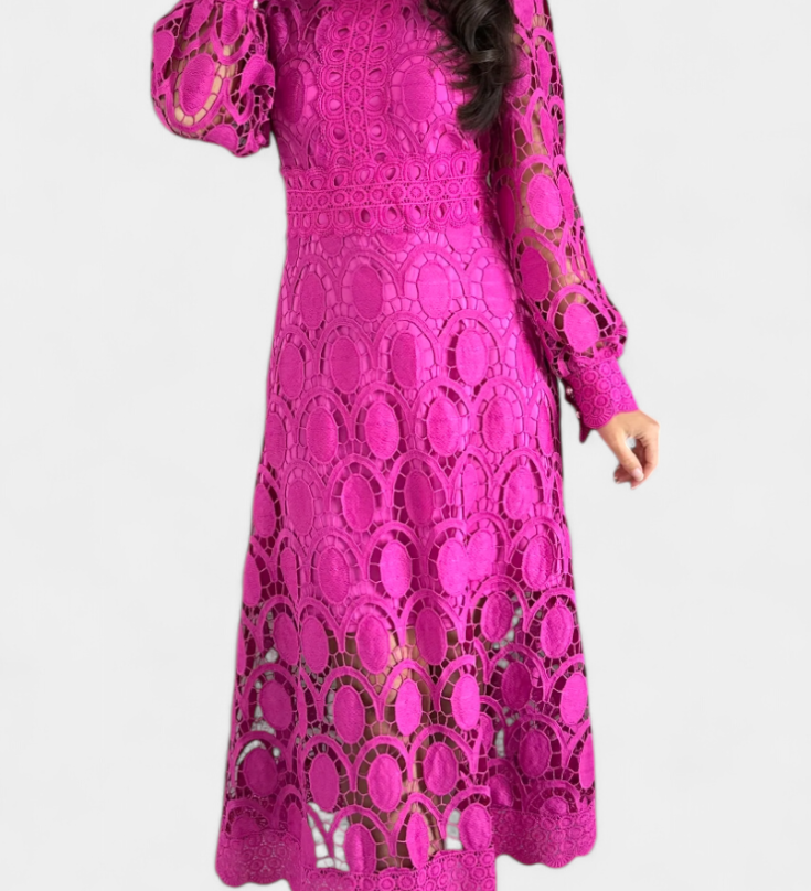 Vestido Midi de Encaje Bordado con Cuello Alto