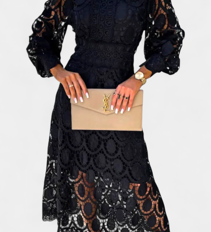 Vestido Midi de Encaje Bordado con Cuello Alto