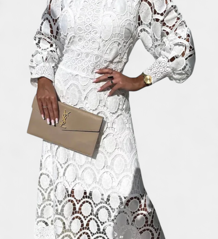 Vestido Midi de Encaje Bordado con Cuello Alto