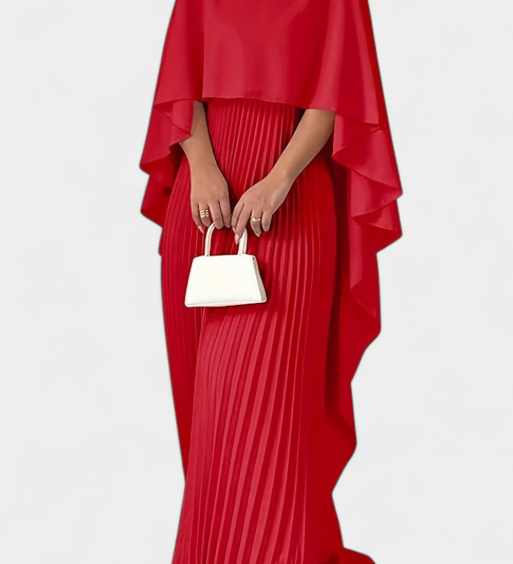 Vestido Maxi de Cuello Alto con Pliegues y Mangas de Volante