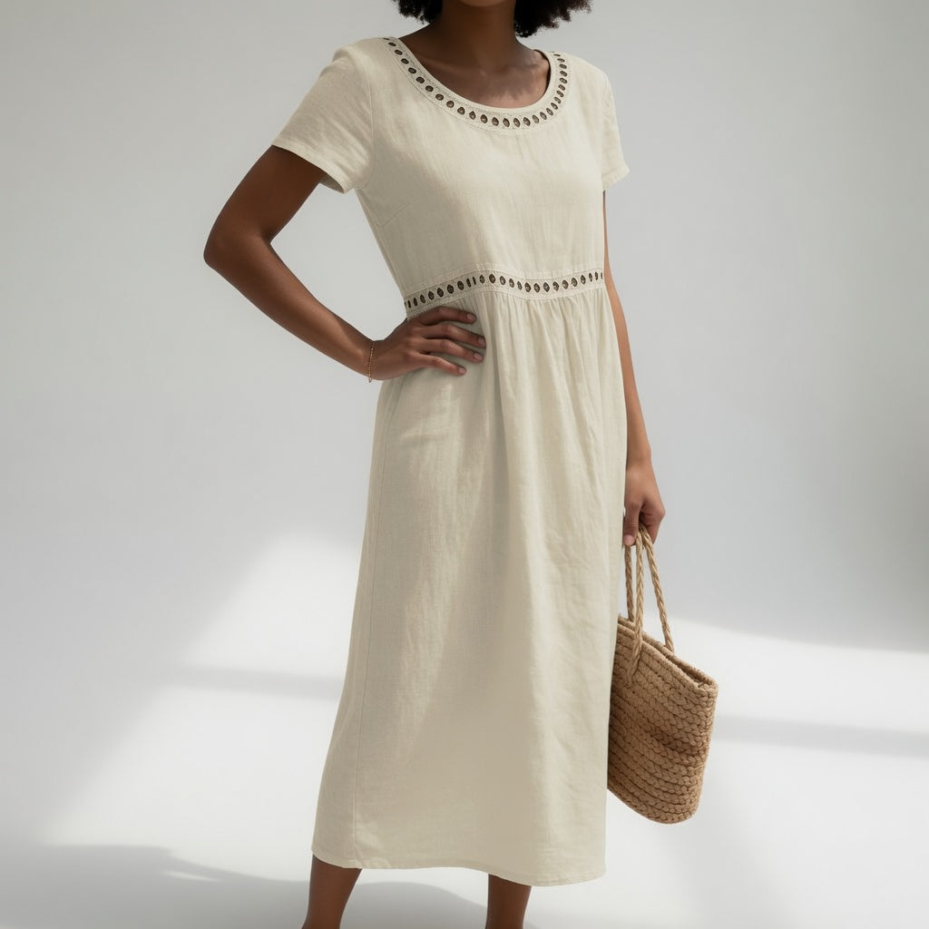Vestido Midi de Lino Bordado