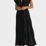 Vestido de Pliegues con Escote Drapeado y Cintura Alta