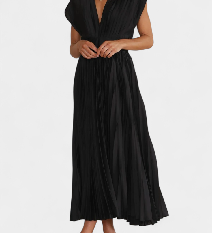 Vestido de Pliegues con Escote Drapeado y Cintura Alta