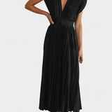 Vestido de Pliegues con Escote Drapeado y Cintura Alta