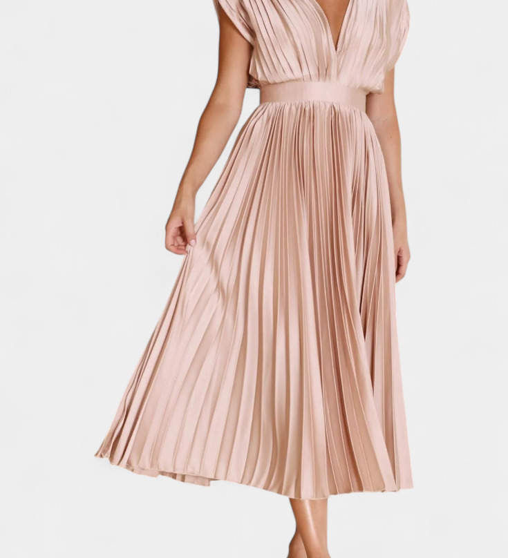 Vestido de Pliegues con Escote Drapeado y Cintura Alta