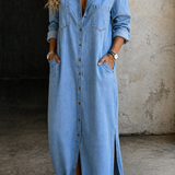 Vestido Maxi Camisero con Botonera y Abertura